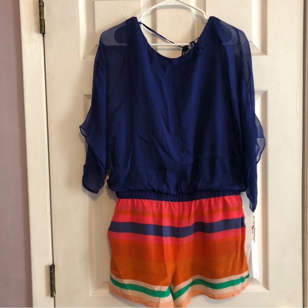 Romper Silk NWT Twelfth Street by Cynthia Vincent  Blue Orange striped shorts M
